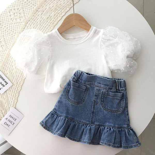 Conjunto Infantil Feminino Manguinha Tule Sainha Plíssada