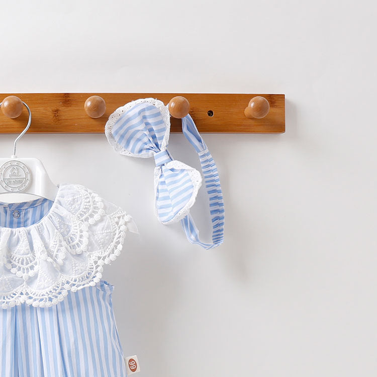 Body Infantil Feminino Azul Listradinho e Renda