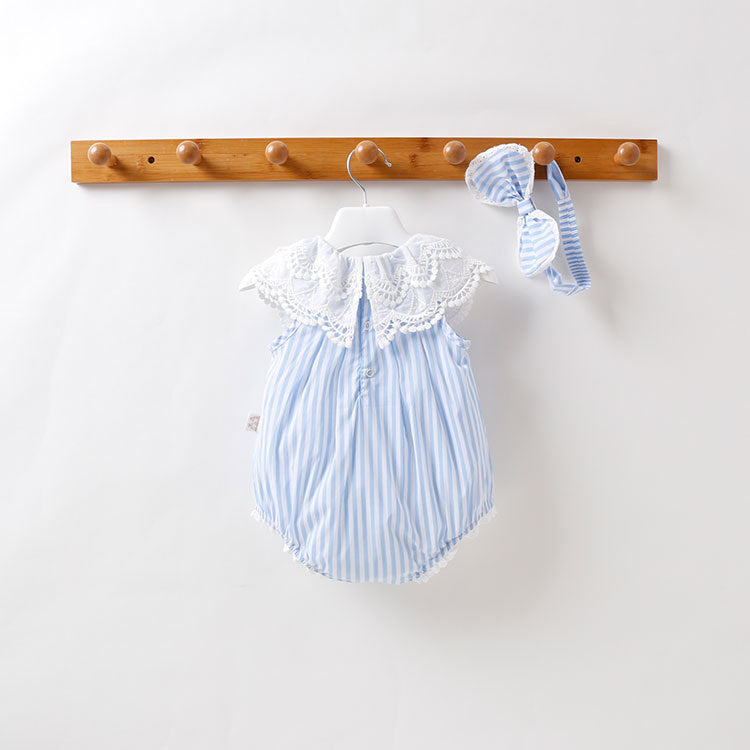 Body Infantil Feminino Azul Listradinho e Renda