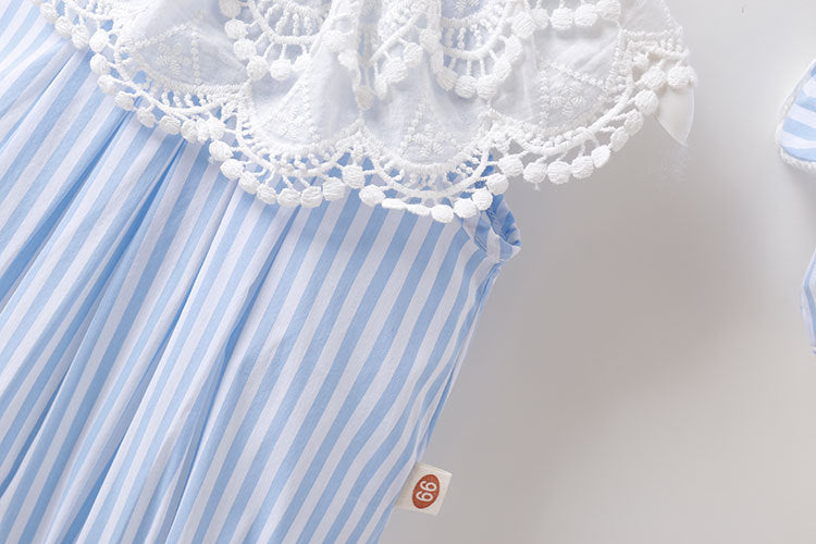 Body Infantil Feminino Azul Listradinho e Renda