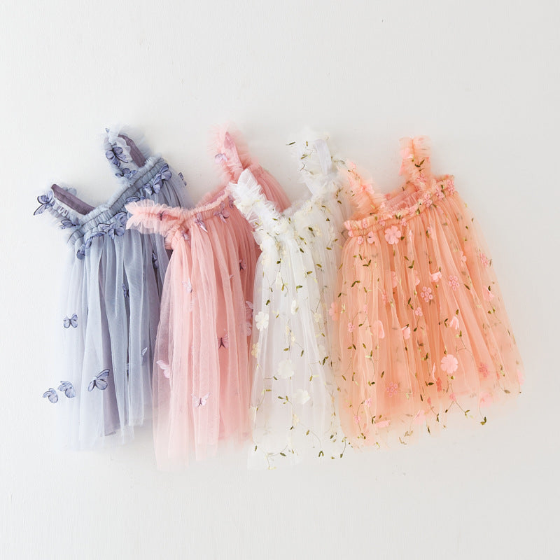 Vestido Infantil Tule Flores e Borboletinhas