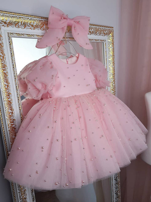 Vestido De Festa Rosa Pérolas e Laçinho