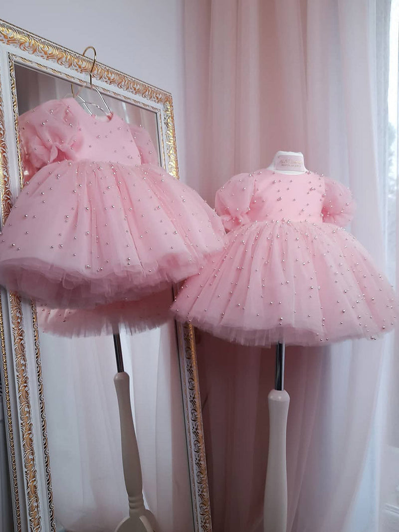 Vestido De Festa Rosa Pérolas e Laçinho