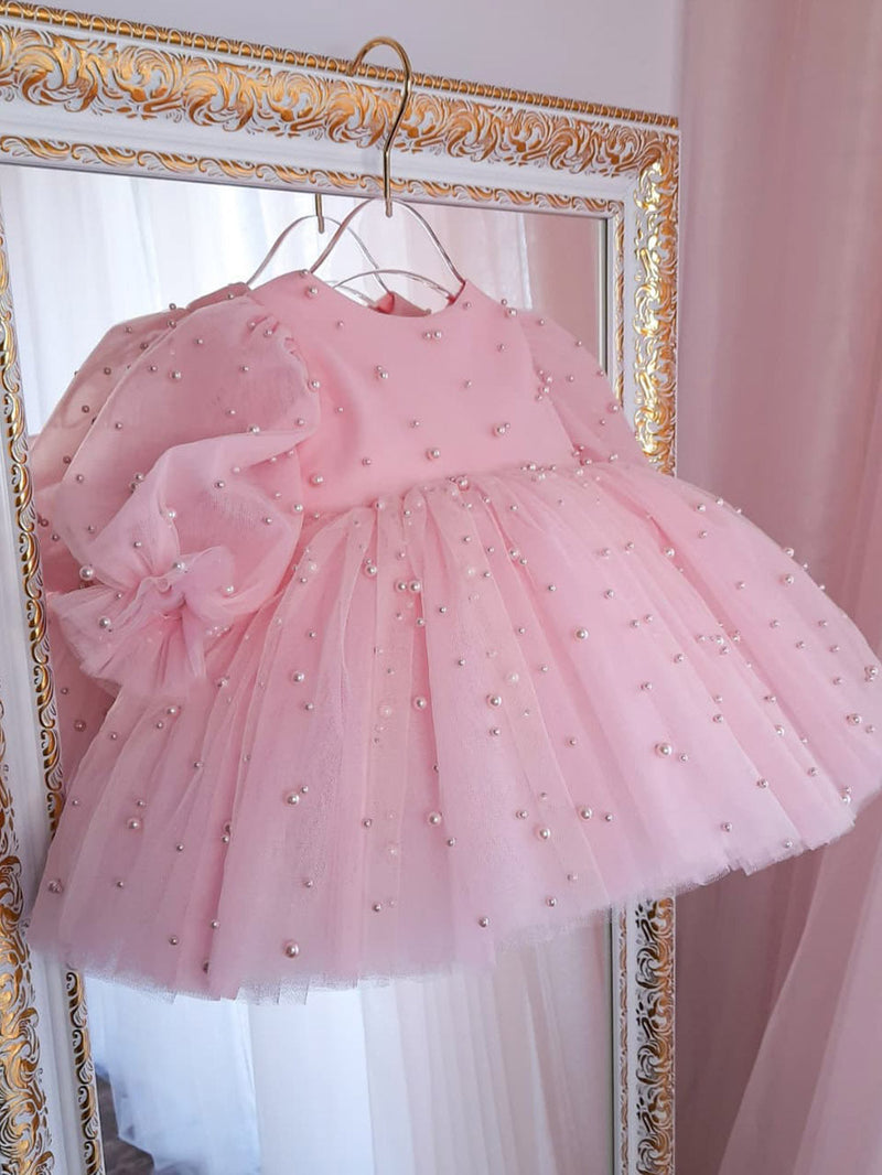 Vestido De Festa Rosa Pérolas e Laçinho