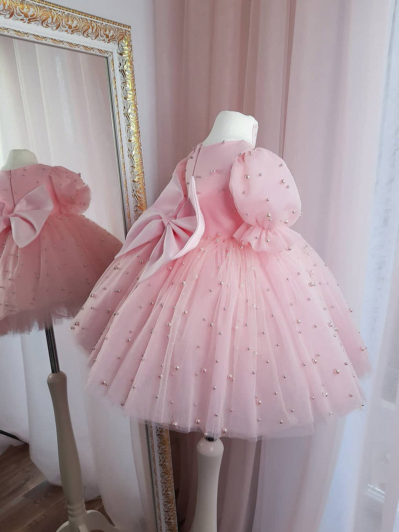 Vestido De Festa Rosa Pérolas e Laçinho
