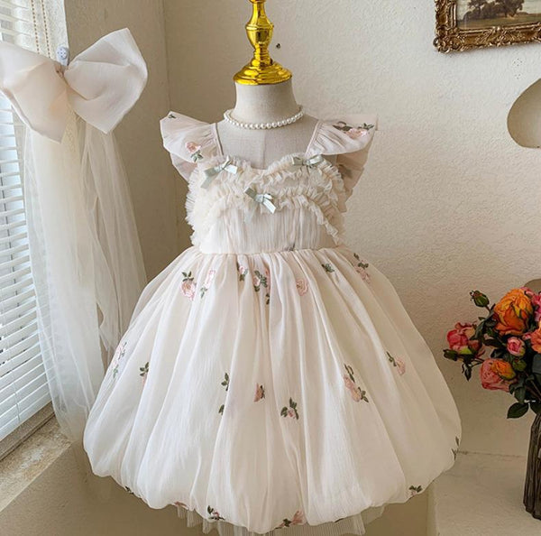 Vestido Infantil Floral e Laço Tule