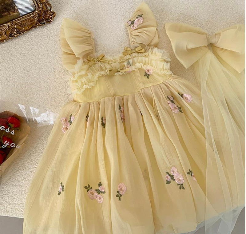 Vestido Infantil Floral e Laço Tule