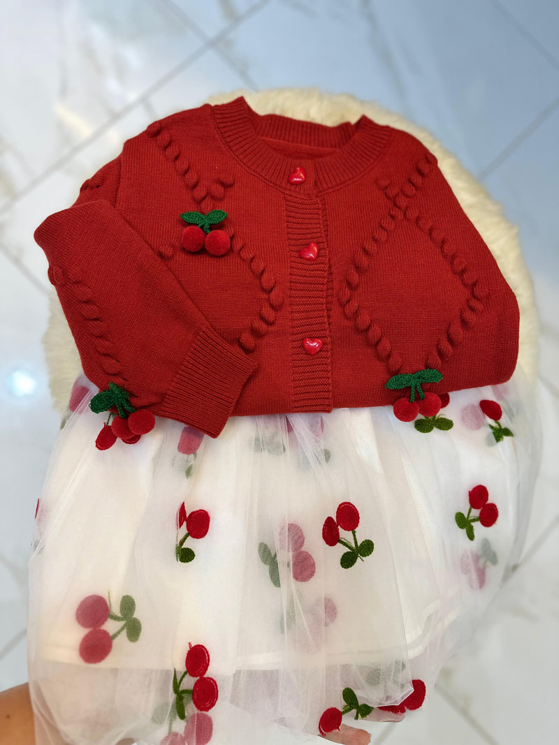 Conjunto Infantil Cardigan  + Vestido Cerejinha