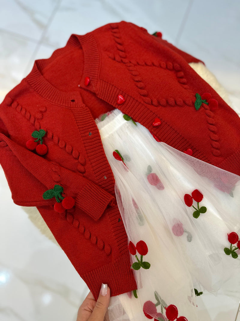 Conjunto Infantil Cardigan  + Vestido Cerejinha