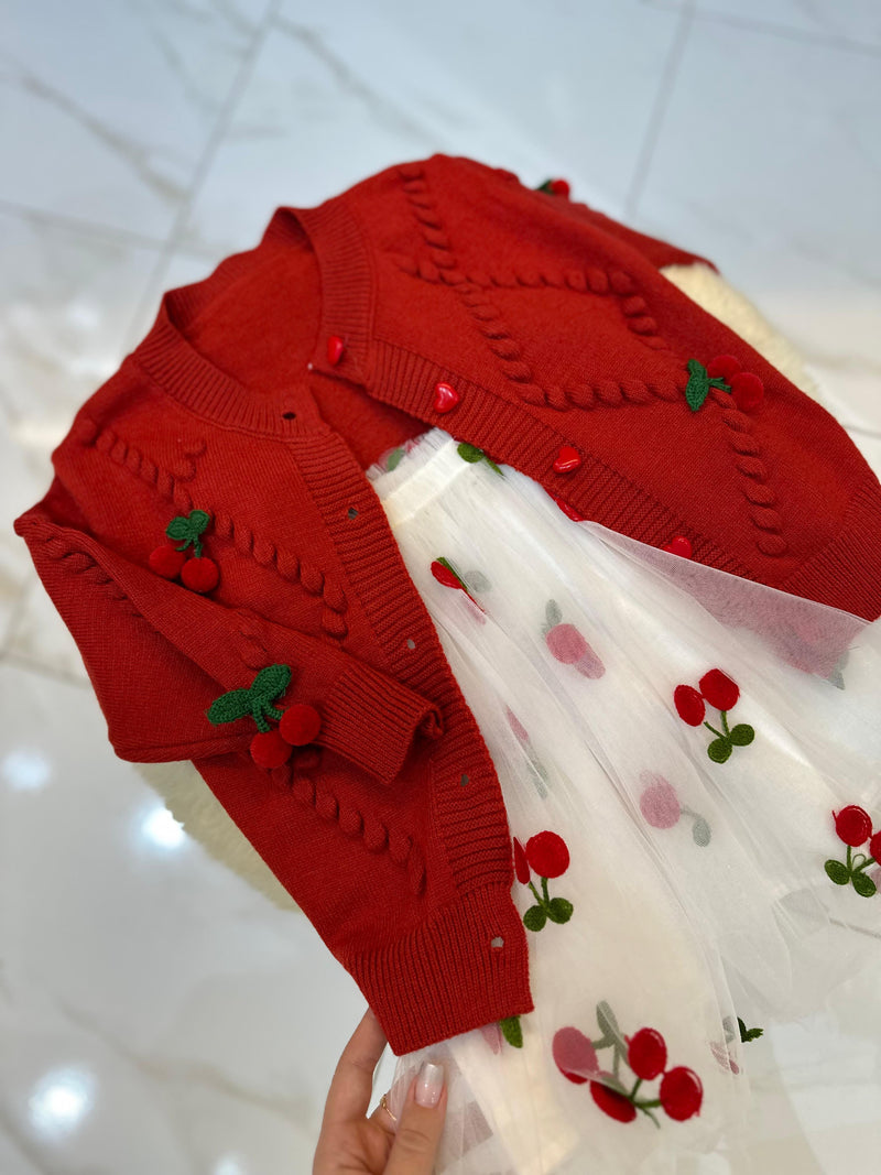 Conjunto Infantil Cardigan  + Vestido Cerejinha