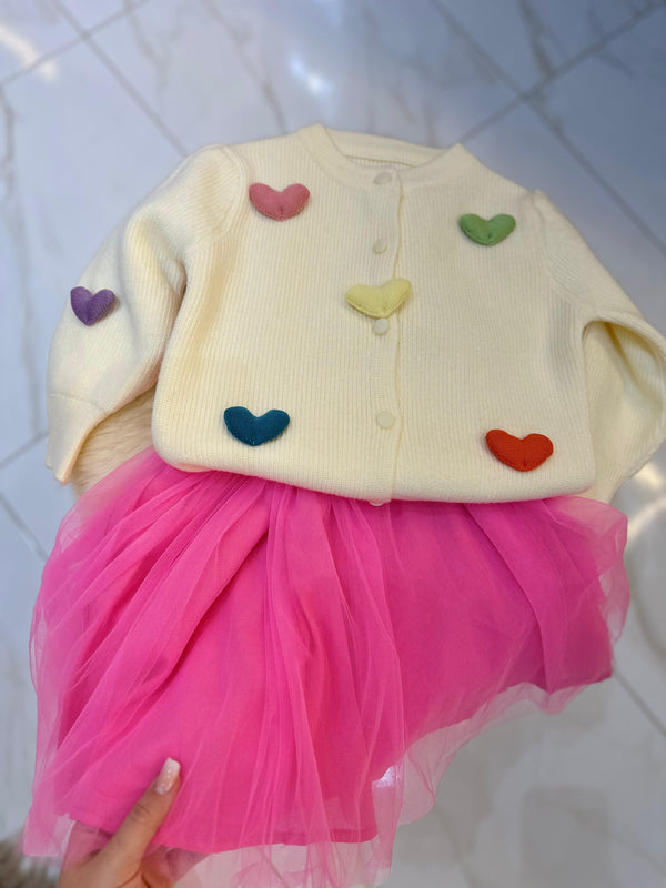 Cardigan Tricô Corações + Vestido Tule Florzinhas
