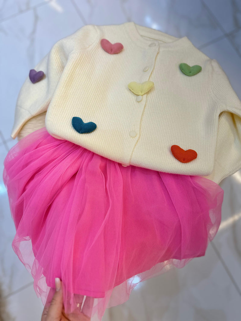 Cardigan Tricô Corações + Vestido Tule Florzinhas