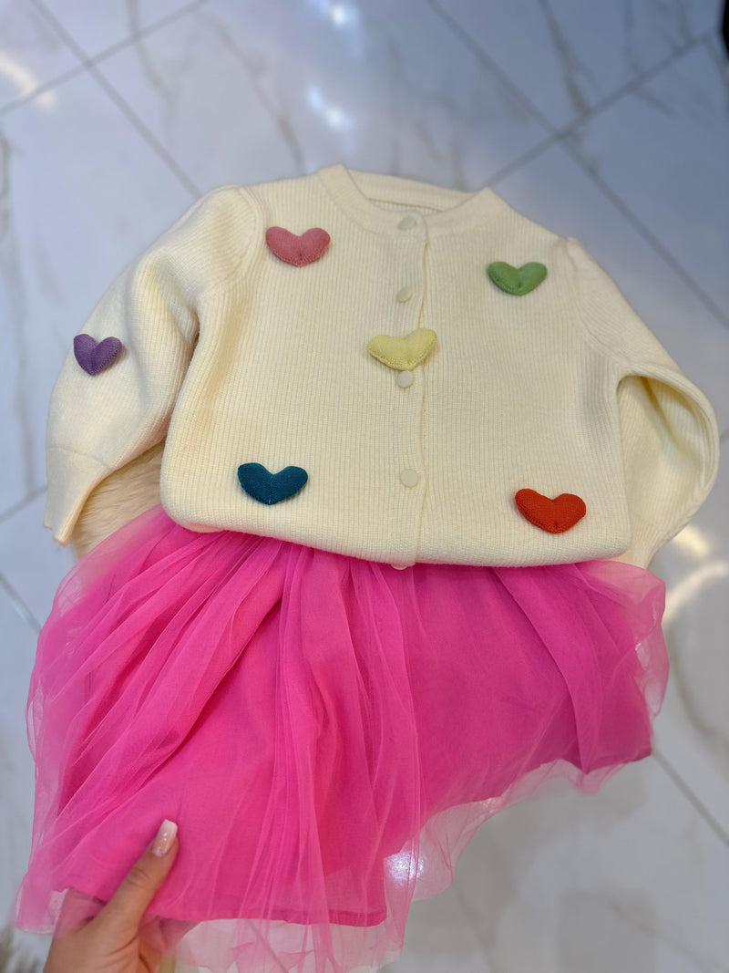 Cardigan Tricô Corações + Vestido Tule Florzinhas