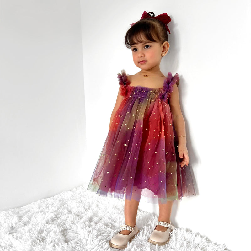 Vestido Infantil Feminino Tule Neon Estrelinhas
