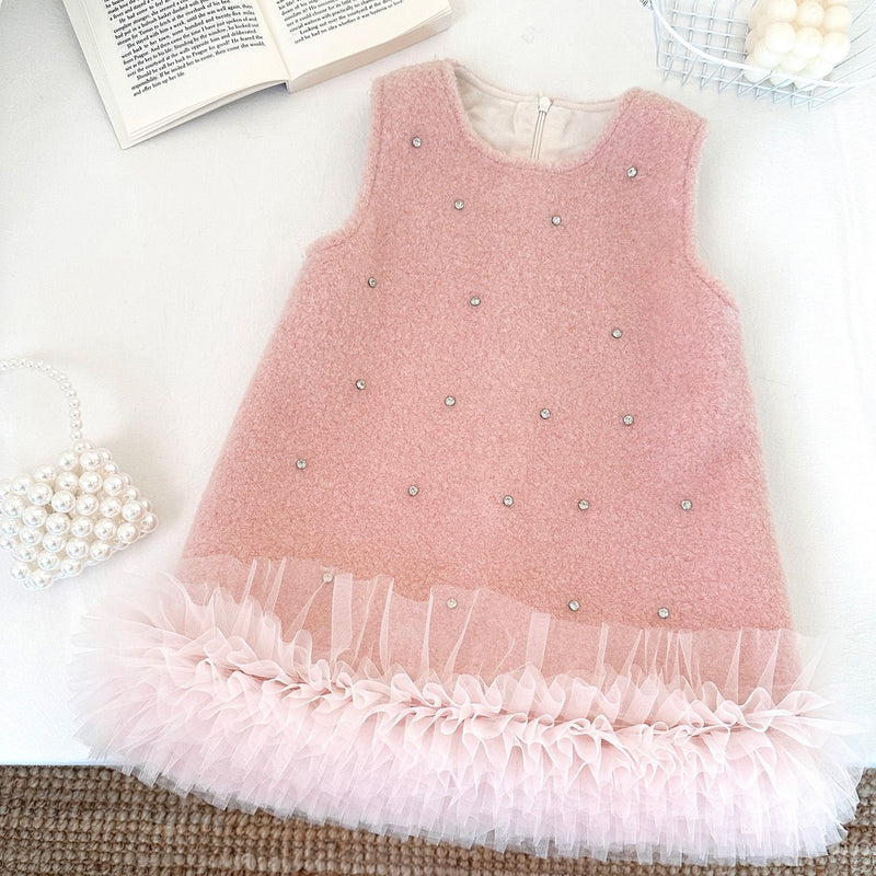 Conjunto Infantil Feminino Casaco Plush e Pérolas + Vestido