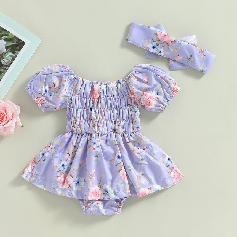 Body Infantil Feminino Roxo Florzinhas + Tiara