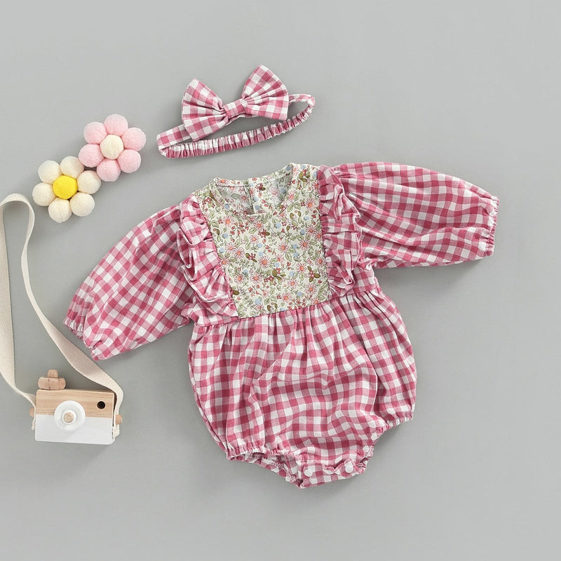 Body Infantil Feminino Xadrez e Flores + Faixa