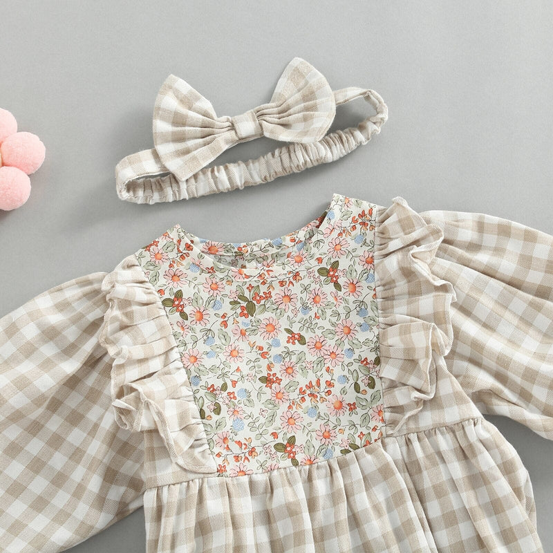 Body Infantil Feminino Xadrez e Flores + Faixa