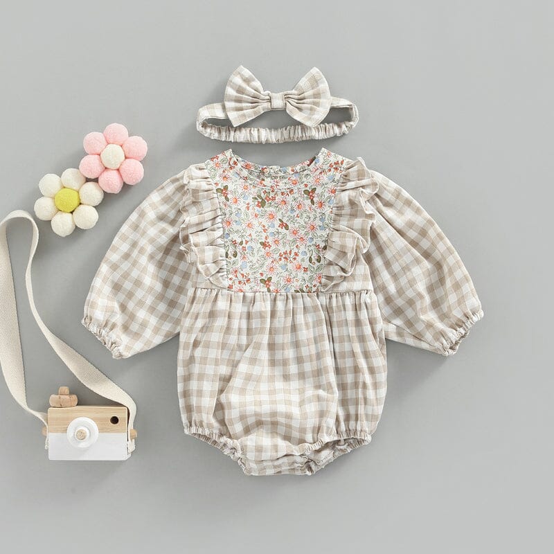 Body Infantil Feminino Xadrez e Flores + Faixa