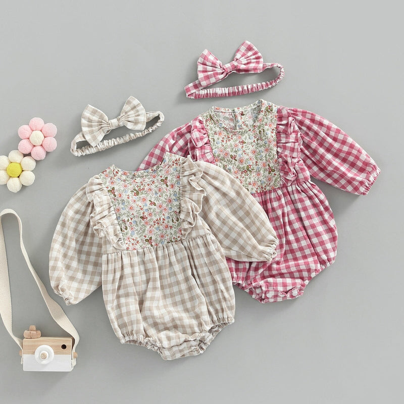 Body Infantil Feminino Xadrez e Flores + Faixa