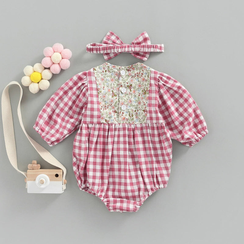 Body Infantil Feminino Xadrez e Flores + Faixa