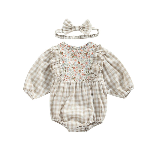 Body Infantil Feminino Xadrez e Flores + Faixa