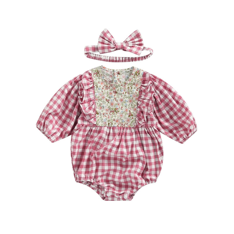 Body Infantil Feminino Xadrez e Flores + Faixa