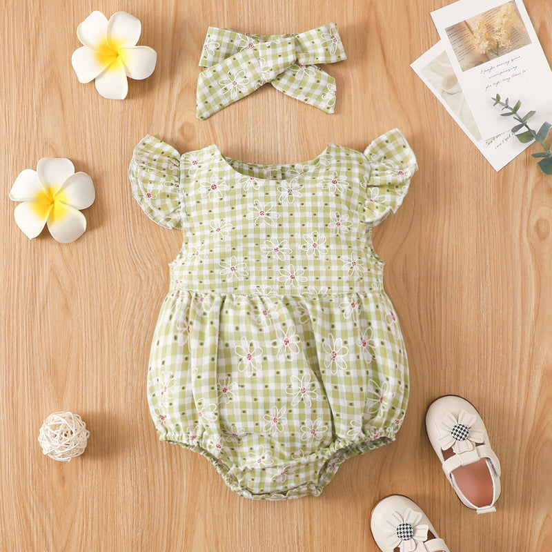 Body Infantil Xadrez e Florzinha + Faixa