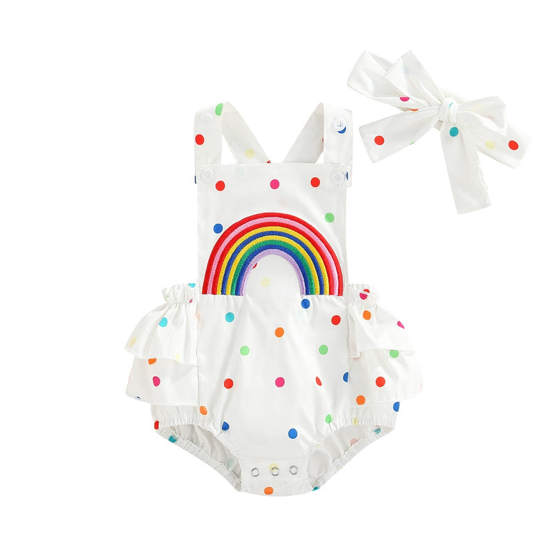 Body Romper Infantil Feminino Verão Poá Arco-Íris + Faixa
