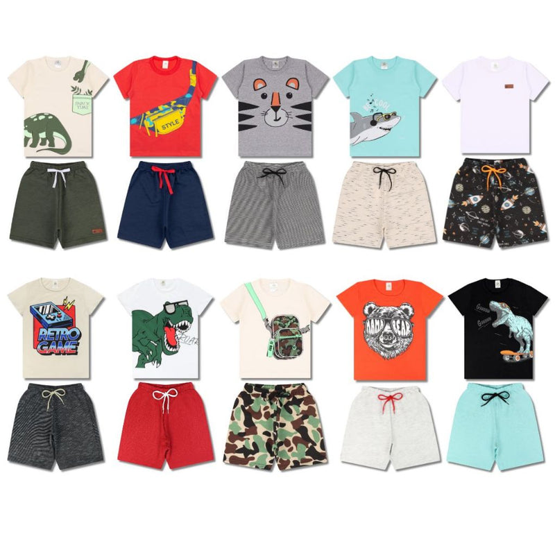 Kit Sortido 8 Peças de Roupas Infantil Menino 4 Camisetas + 4 Bermudas - Kit com 4 Conjuntos de Roupa Infantil Menino Verão Menino Bebê