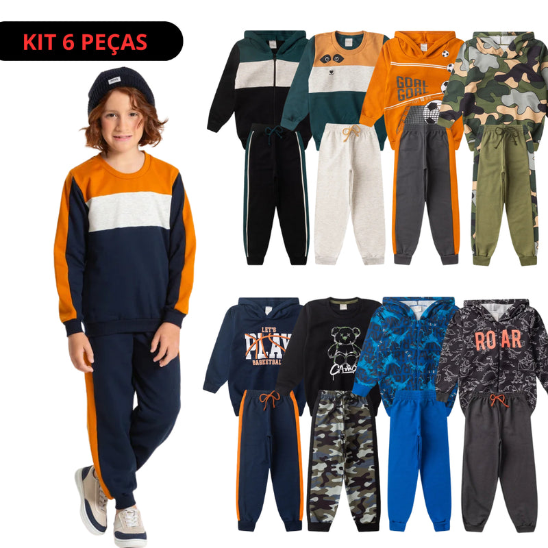Kit Sortido 6 Peças de Roupas Infantis Menino Inverno- 3 Casacos + 3 Calças