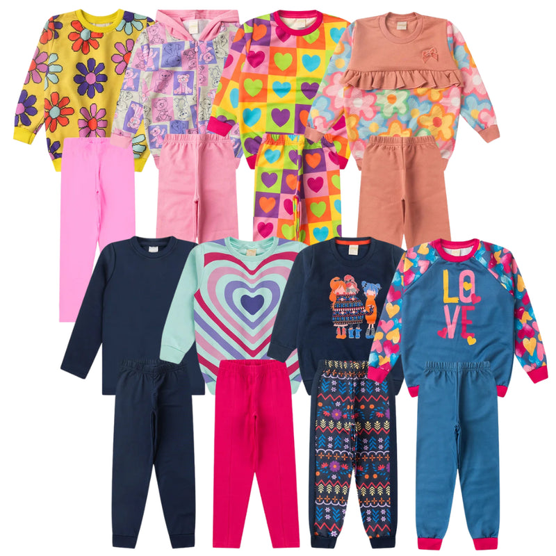 Kit Sortido 6 Peças de Roupas Infantis Menina Inverno- 3 Casacos + 3 Calças