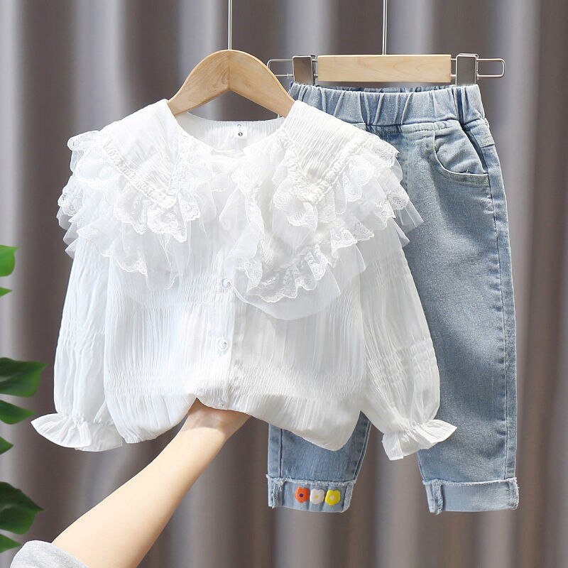 Conjunto Infantil Feminino Blusa Gola e Calça Jeans