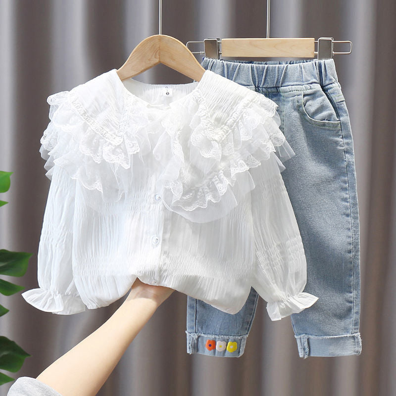 Conjunto Infantil Feminino Blusa Gola e Calça Jeans