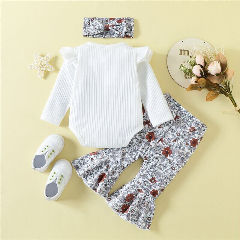 Conjunto Infantil Feminino Calça Flores + Faixa