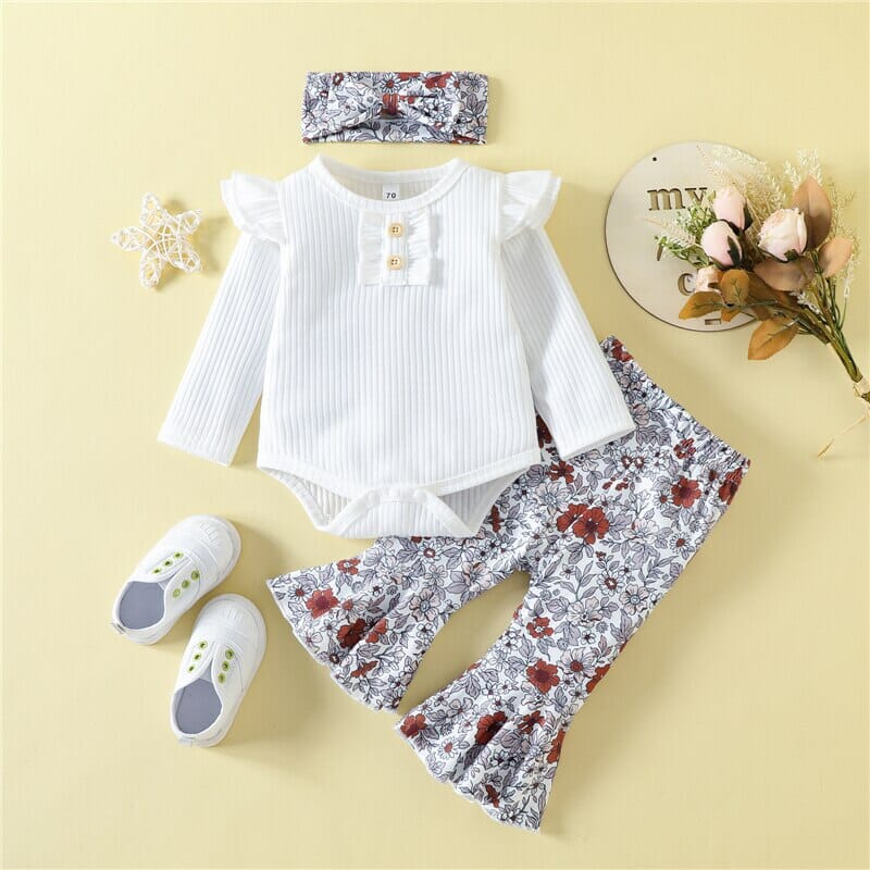 Conjunto Infantil Feminino Calça Flores + Faixa