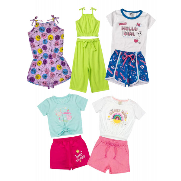Kit Sortido 10 Peças de Roupas Infantis Feminina Verão - 5 Camisetas + 5 Bermudas
