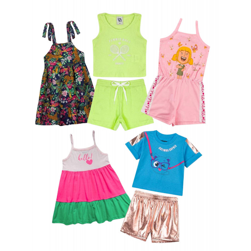 Kit Sortido 10 Peças de Roupas Infantis Feminina Verão - 5 Camisetas + 5 Bermudas