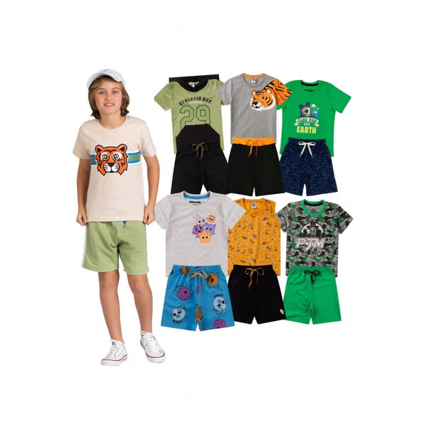 Kit Sortido 12 Peças de Roupas Infantis Masculino Verão - 6 Camisetas + 6 Bermudas