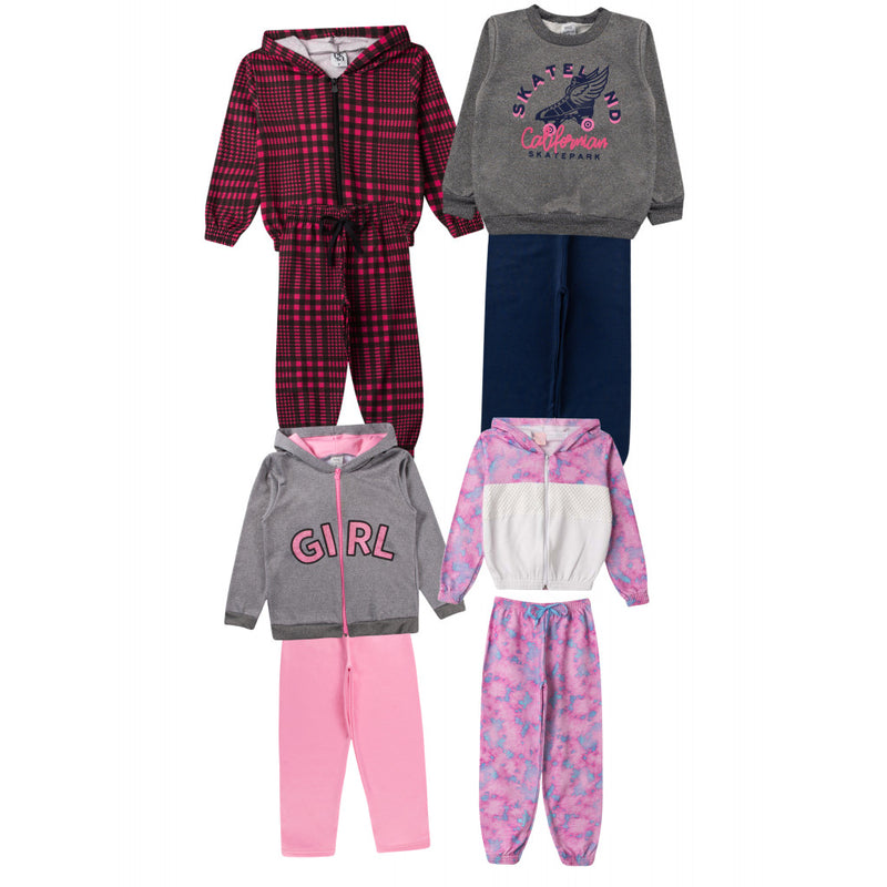 Kit Sortido 8 Peças de Roupas Infantis Feminino Inverno - 4 Casacos + 4 Calças