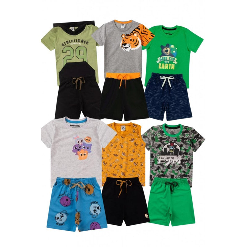 Kit Sortido 12 Peças de Roupas Infantis Masculino Verão - 6 Camisetas + 6 Bermudas