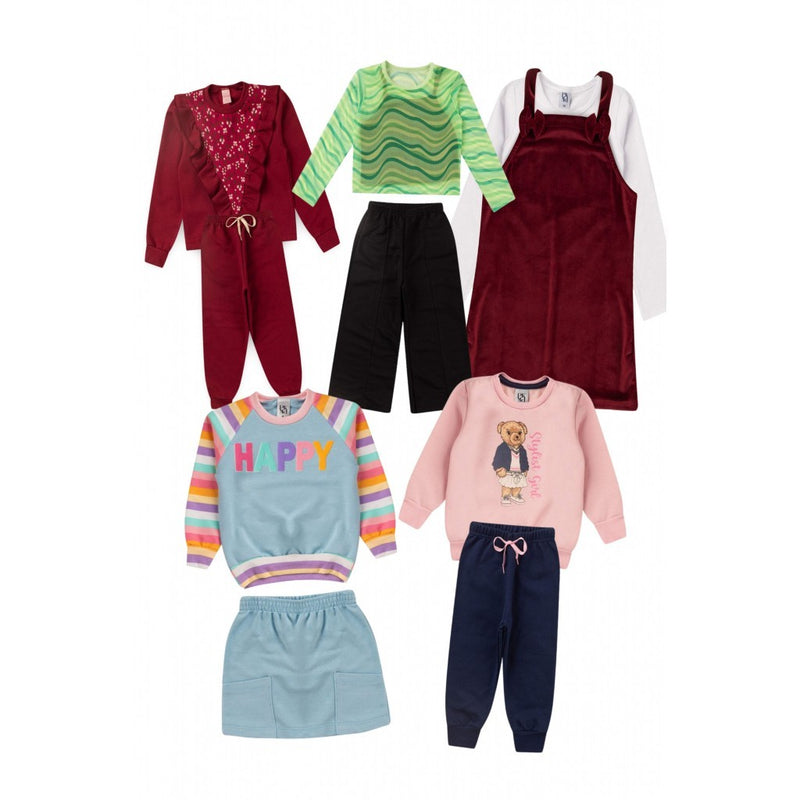 Kit Sortido 10 Peças de Roupas Infantis Feminino Inverno - 5 Casacos + 5 Calças