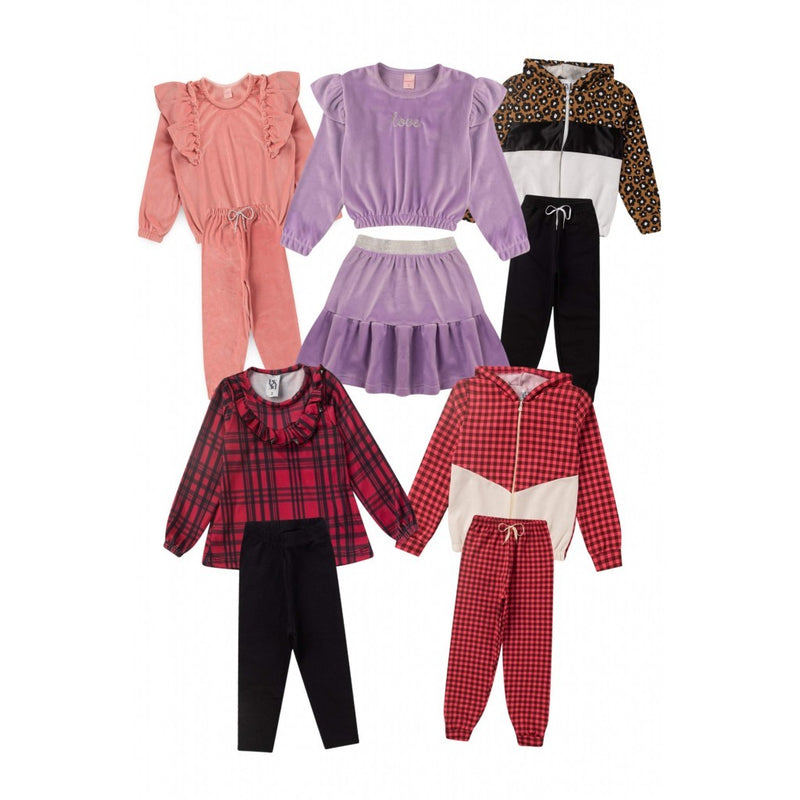Kit Sortido 10 Peças de Roupas Infantis Feminino Inverno - 5 Casacos + 5 Calças