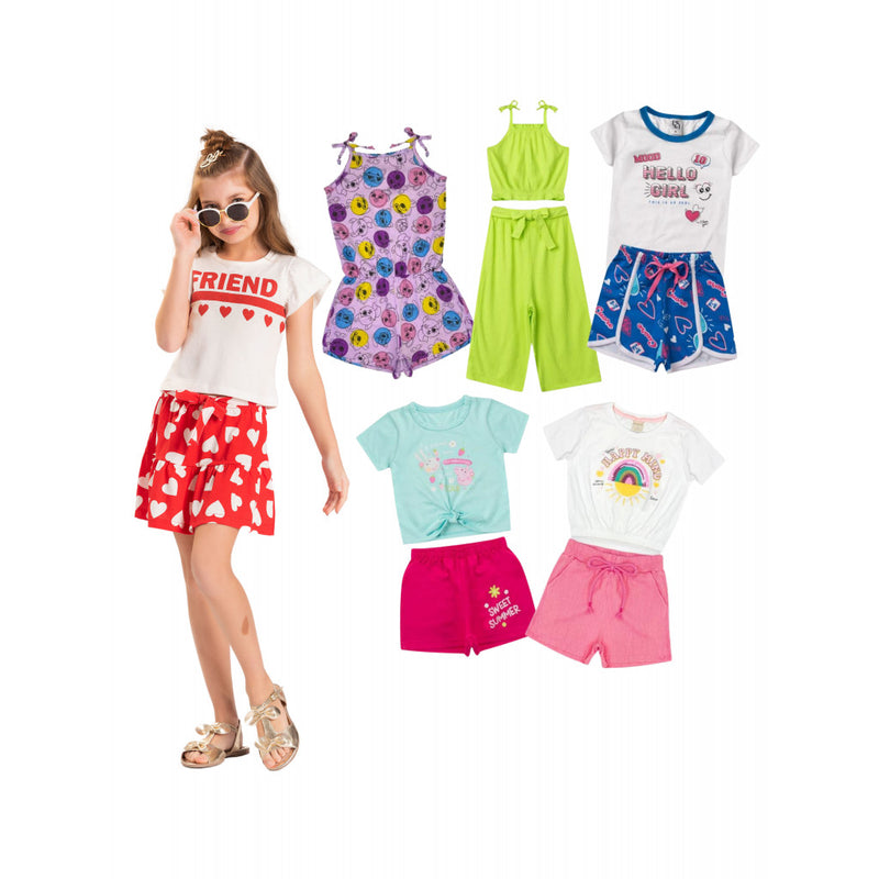 Kit Sortido 10 Peças de Roupas Infantis Feminina Verão - 5 Camisetas + 5 Bermudas