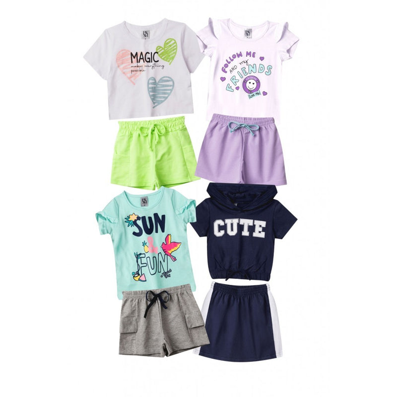 Kit Sortido 8 Peças de Roupas Infantis Feminino Verão- 4 Camisas + 4 Shorts/Saia