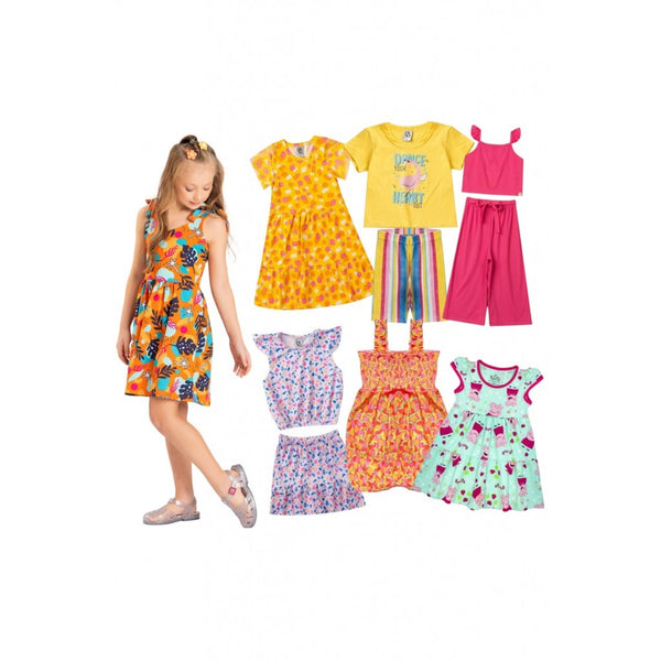 Kit Sortido 12 Peças de Roupas Infantis Feminino Verão - 6 Camisetas + 6 Bermudas