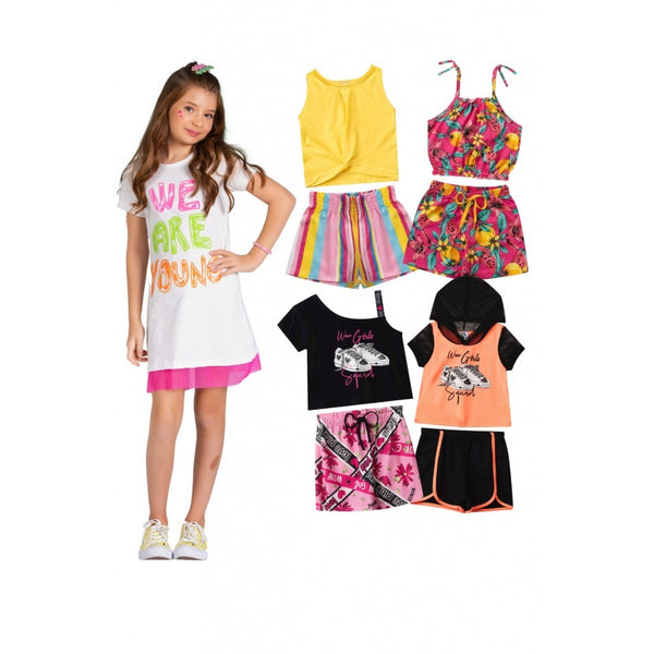 Kit Sortido 8 Peças de Roupas Infantis Feminino Verão- 4 Camisas + 4 Shorts/Saia