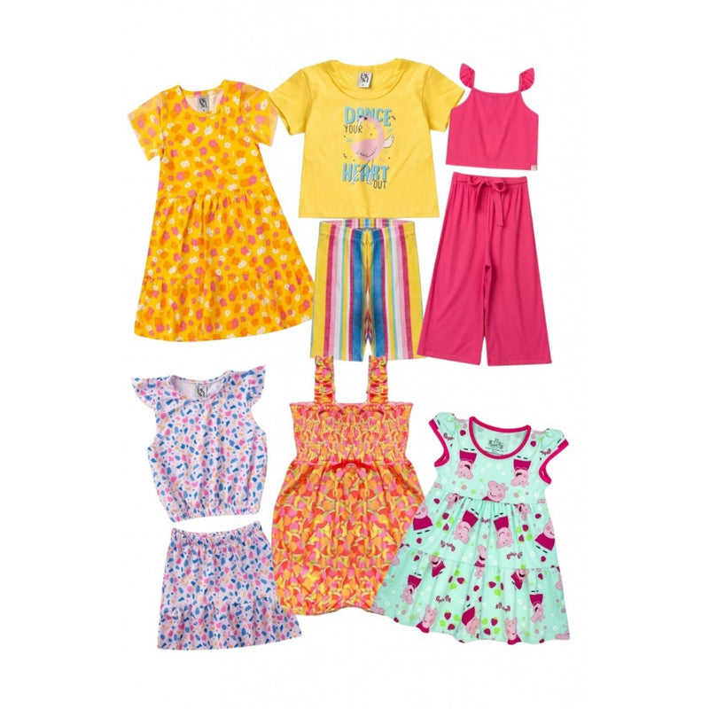 Kit Sortido 12 Peças de Roupas Infantis Feminino Verão - 6 Camisetas + 6 Bermudas